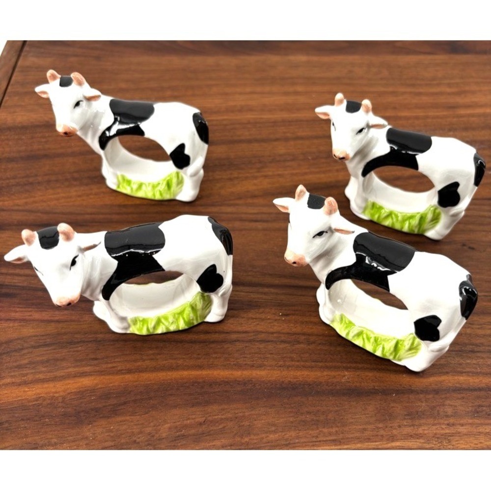 Ceramic Cow Napkin Rings Set of 4 Black & White Farmhouse Country Table Decor